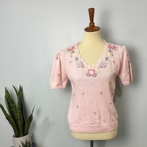 Vtg Alyssa Brooke Light Pink Floral Embroidered Short Sleeve Sweater Size Small
